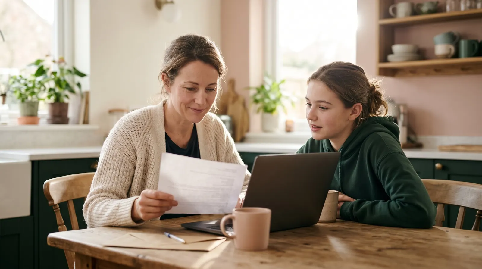 A parent and teenager reviewing a document together at a kitchen table.
