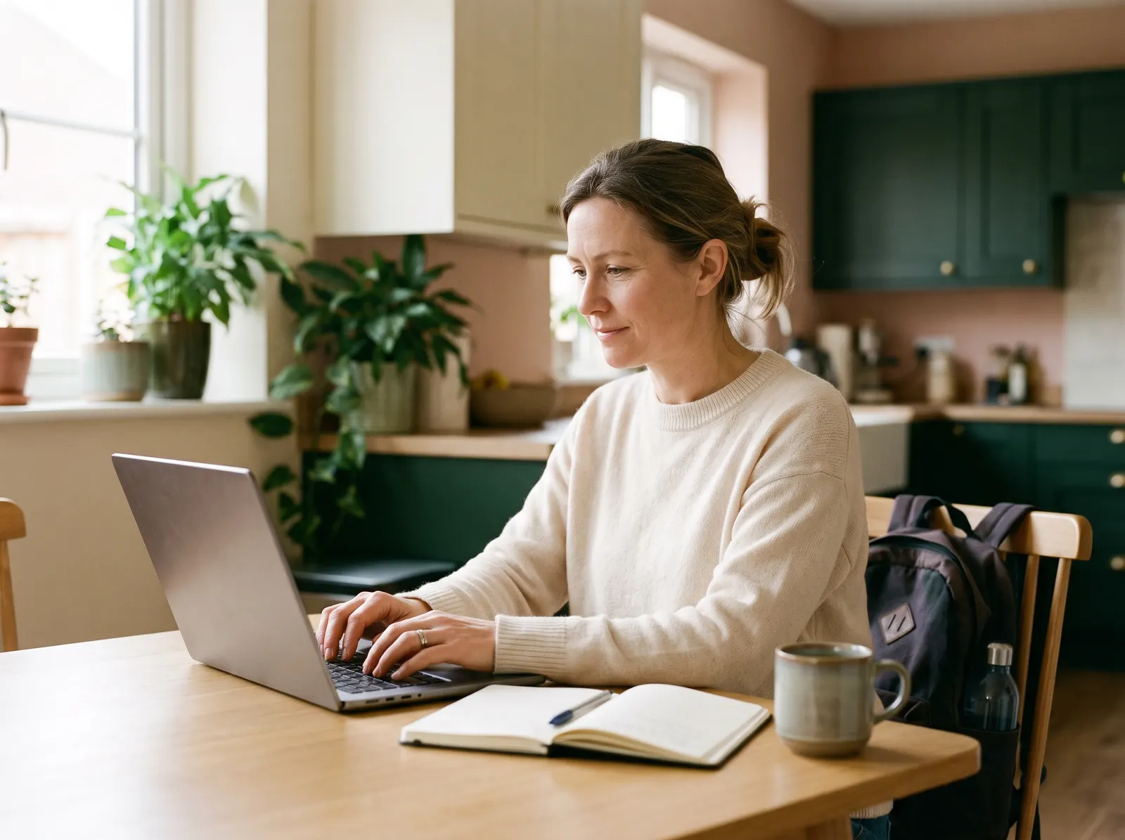 A parent typing on a laptop at a kitchen table, with a notebook and coffee beside her.