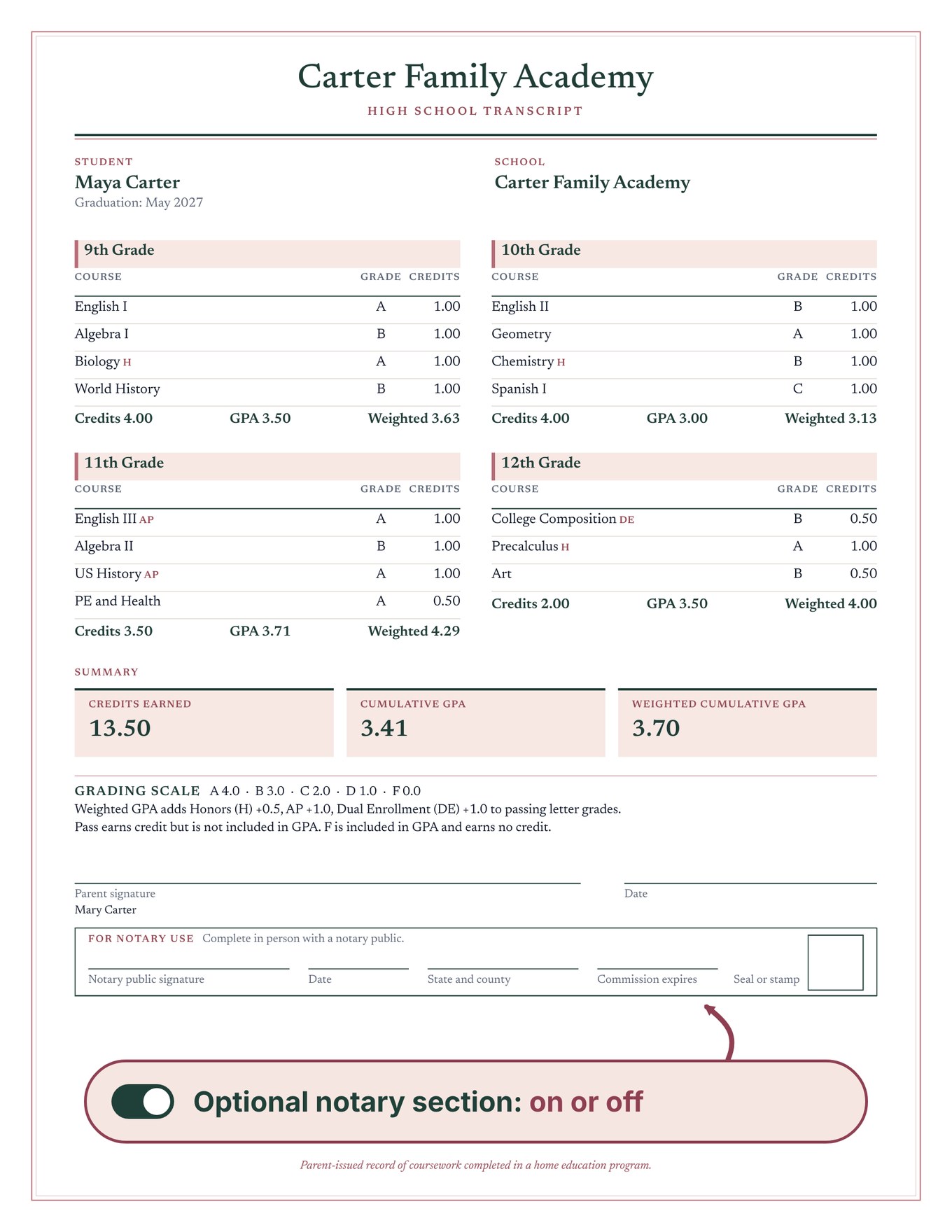 The same sample transcript with a callout showing that the notary section is optional and can be turned on or off.