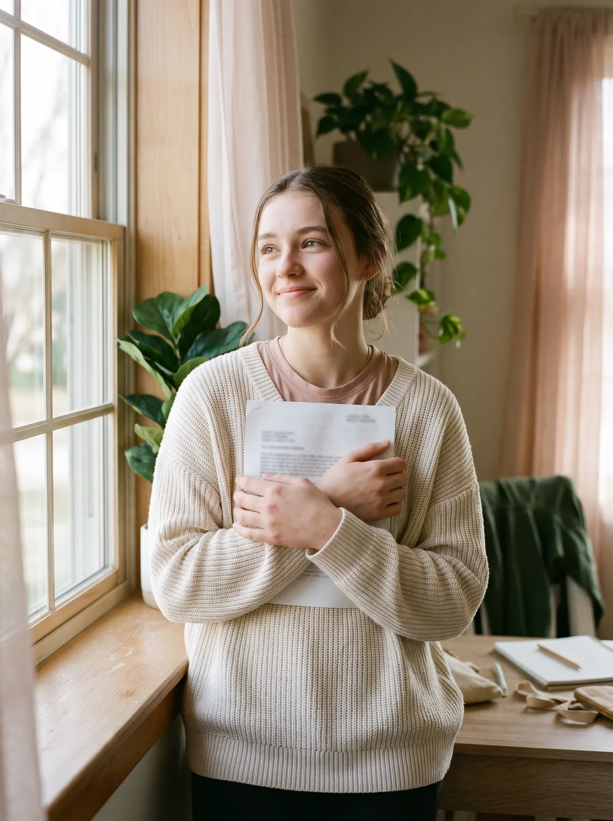 A smiling high school student holding a printed document by a window.